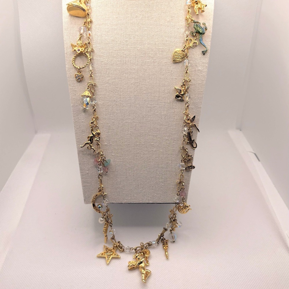 Kirks Folly Charm Necklace Angels Rings Hearts Frog Cat Alligator Crystals RARE